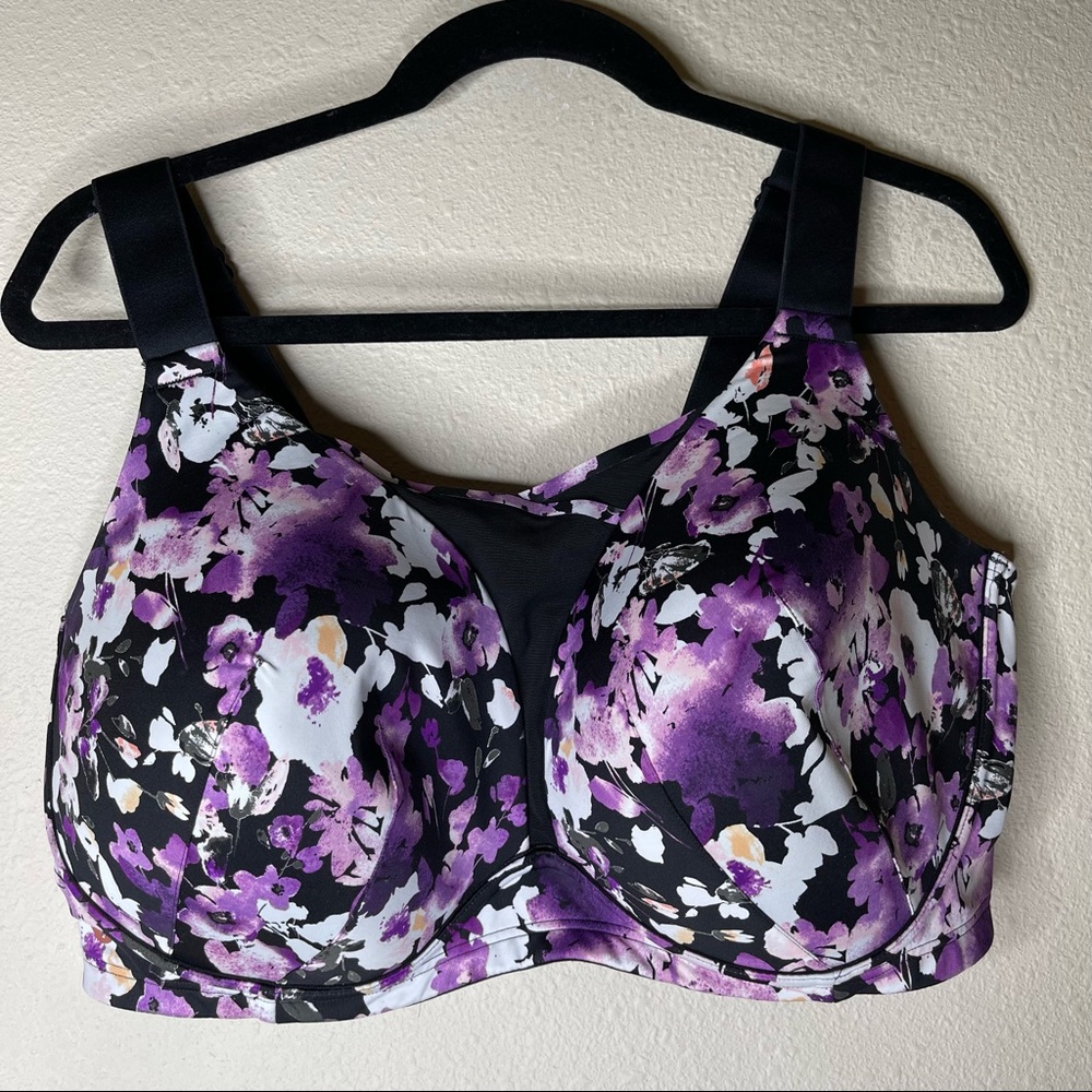 LIVI Purple Floral Medium-Impact Wicking No-Wire Sport Bra 44DDD